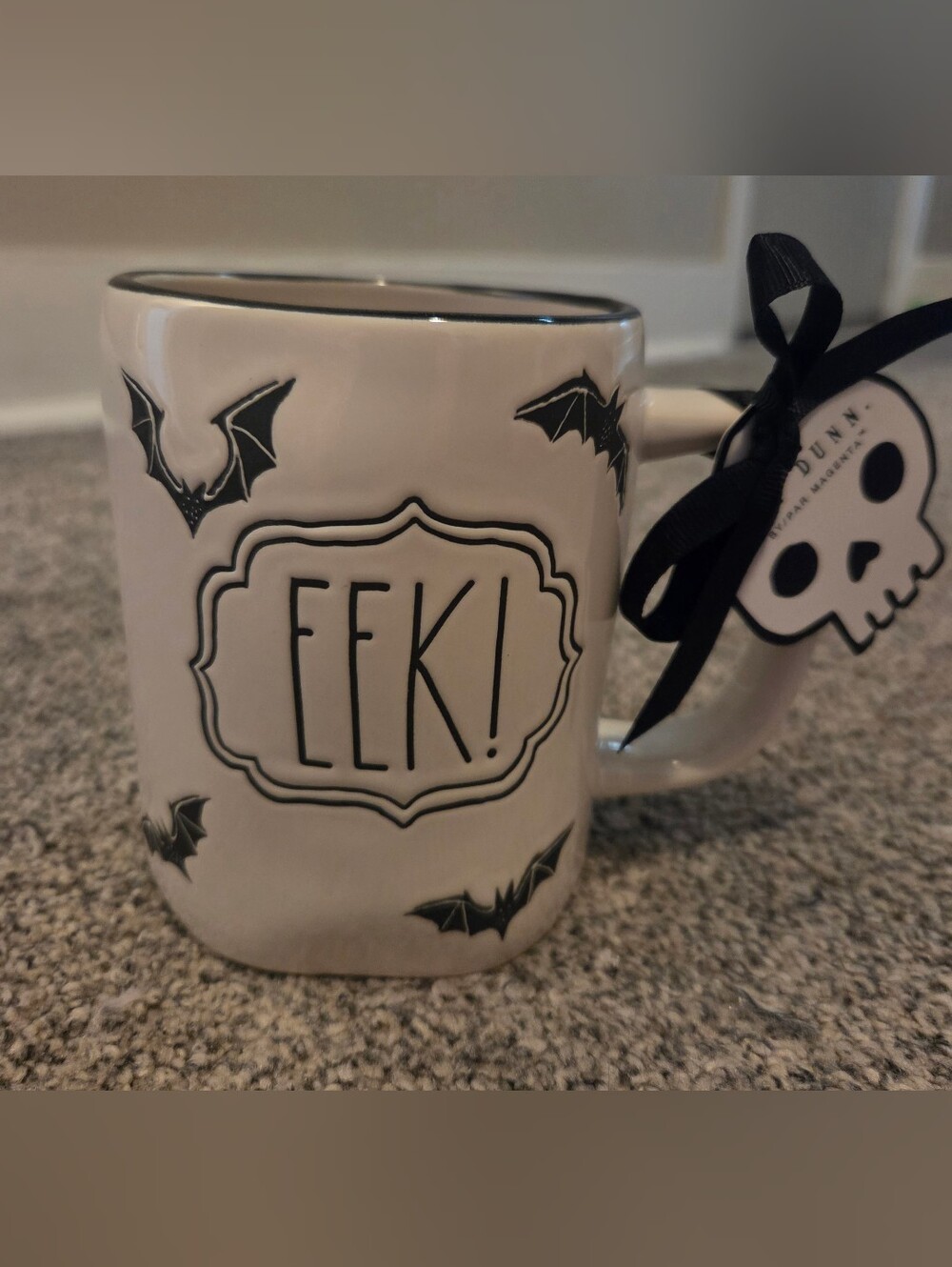 EEK! Halloween Ceramic Mug - White with Black Bat Design By Rae Dunn